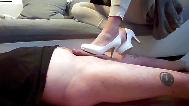 Slave to cum domina, foot cbt handjob, mistress feet hj cum, ball kicking handjob, foot femdom slave cbt