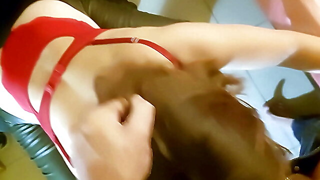Lingerie slut girl sucking dick, butt sex in red heels, french rimming ass licking, blonde red satin, france french blowjob
